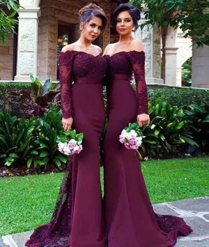 Long Sleeves Mermaid Burgundy Lace Bridesmaid Dresses, Burgundy Prom Dresses, Long Sleeves Bridesmaid Dresses