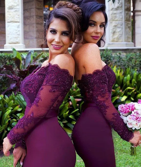 Long Sleeves Mermaid Burgundy Lace Bridesmaid Dresses, Burgundy Prom Dresses, Long Sleeves Bridesmaid Dresses