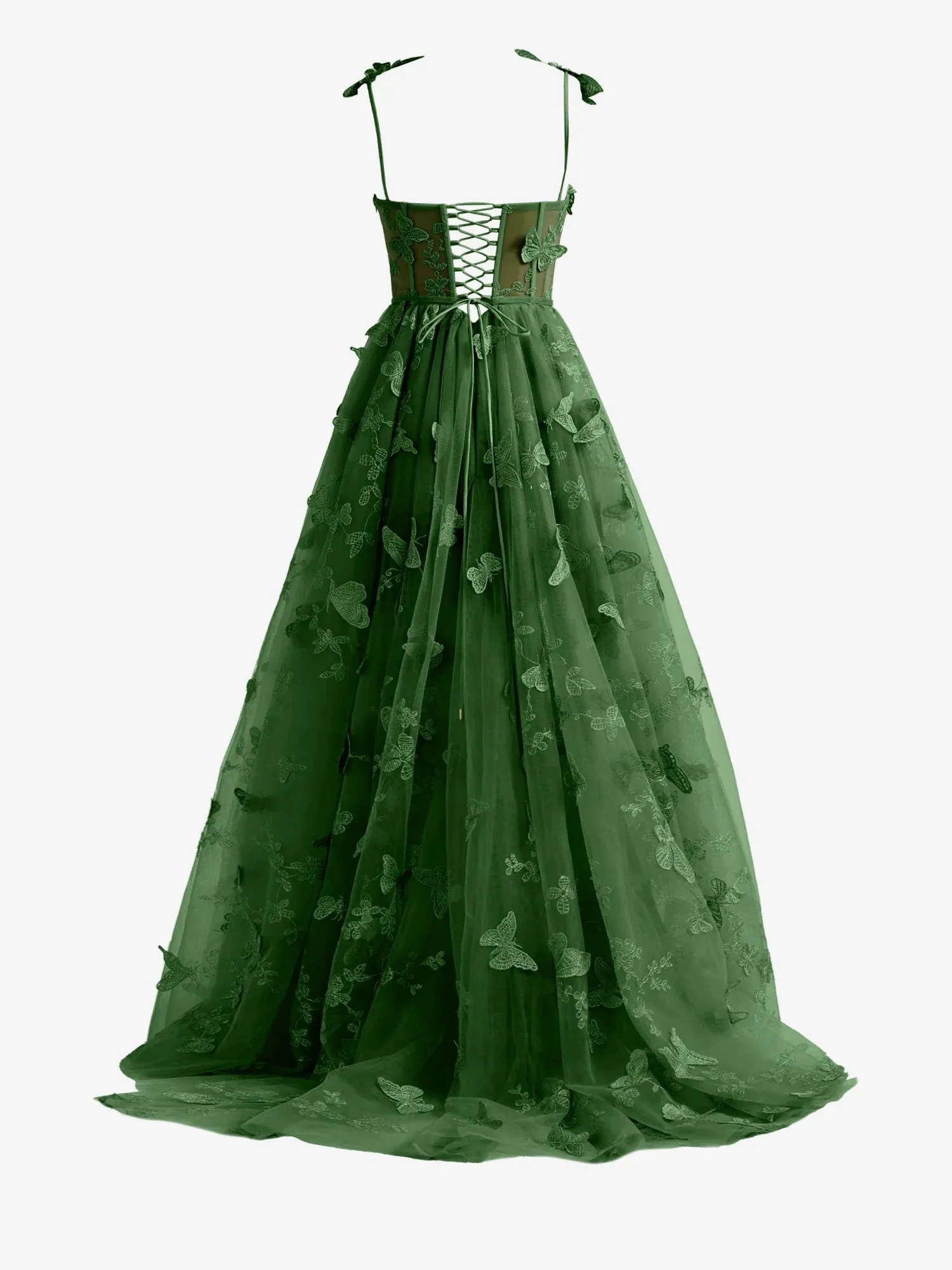 Lydia | Teal A-line Butterfly Lace Lilac Corset Prom Dress with Slit
