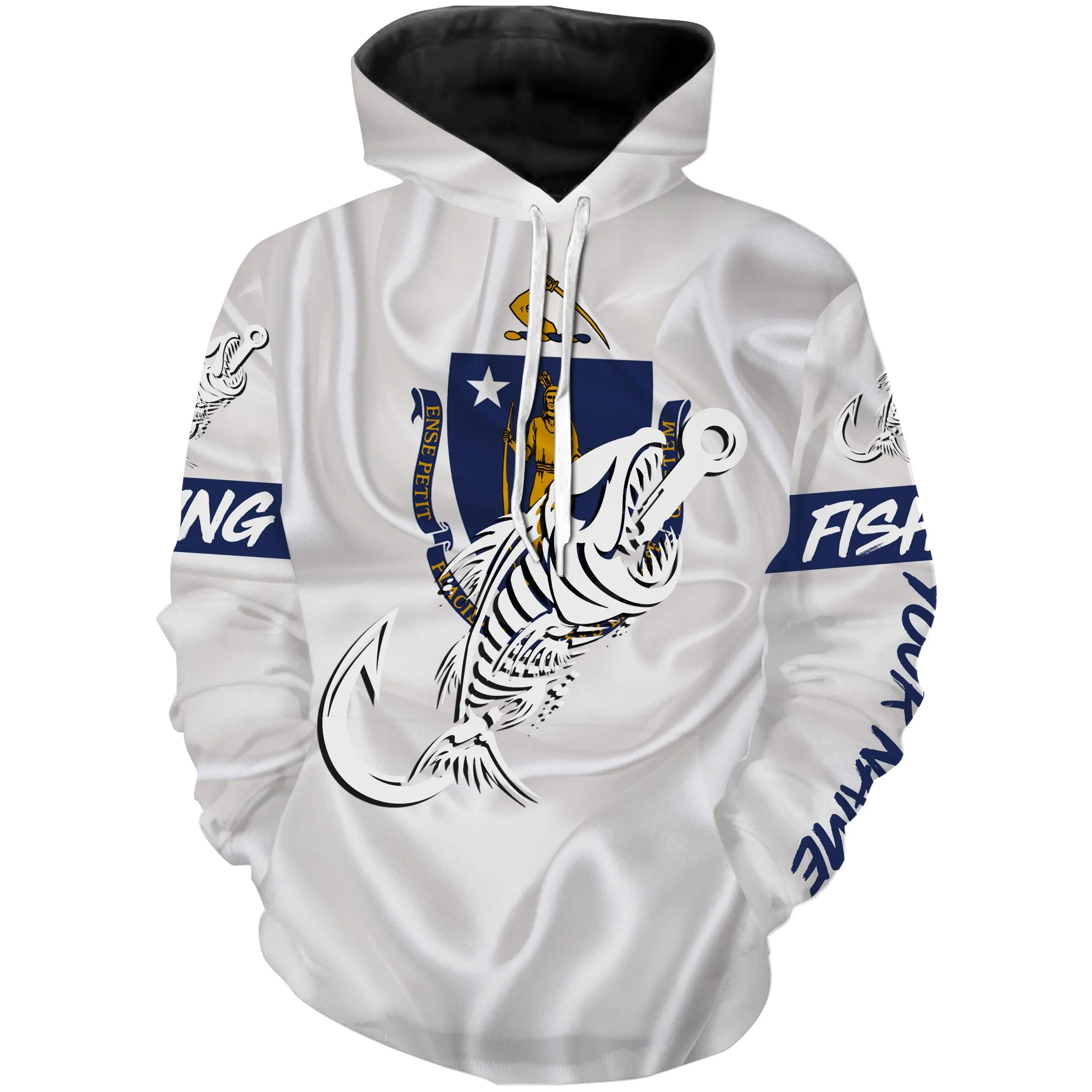 MA Massachusetts Fishing Flag Fish hook skull Custom name performance fishing jerseys | Hoodie - NPQ731