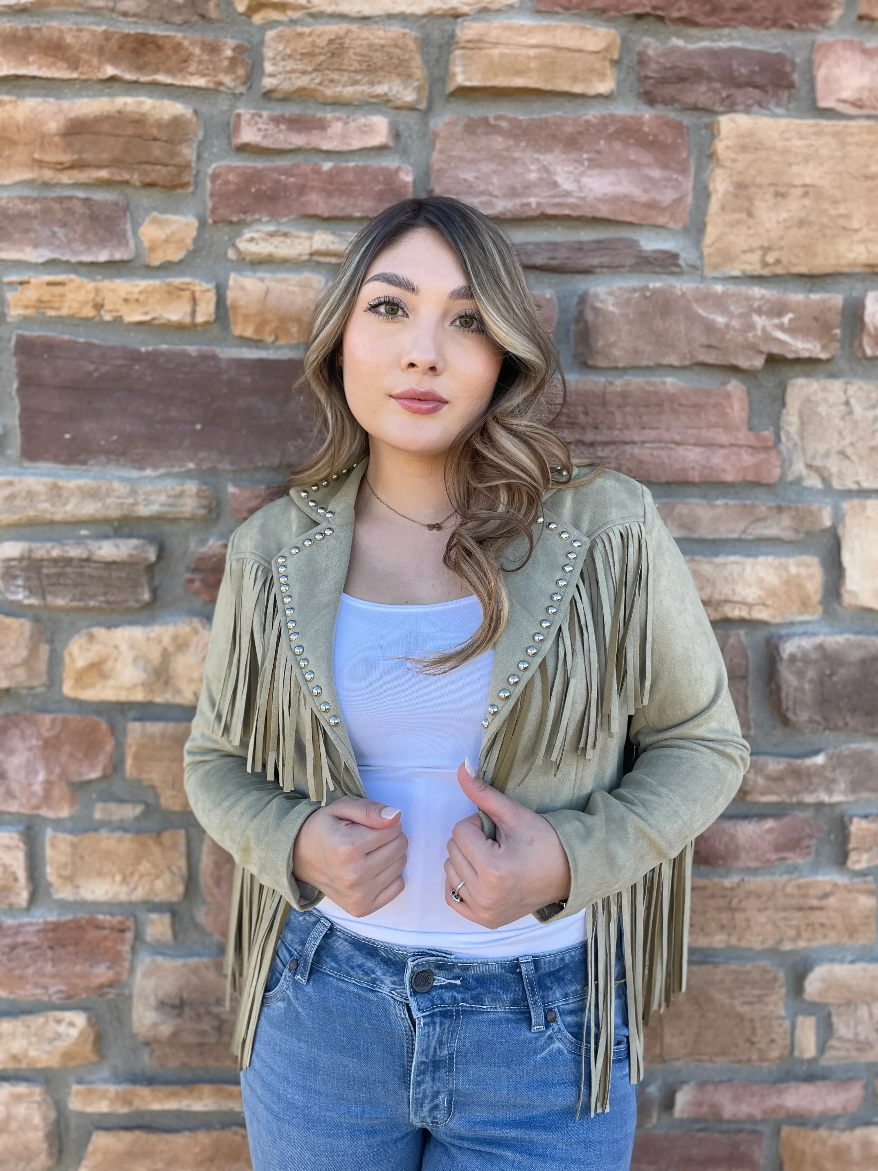 Maria Sage Green Suade Fringe Jacket