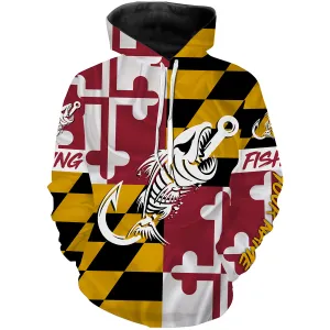 MD Fishing Custom Maryland Flag Fish hook skull custom fishing tournament shirts | Hoodie - NPQ706