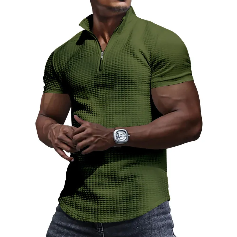 Men's Checkered Half Zipper Short Sleeve Polo Shirt