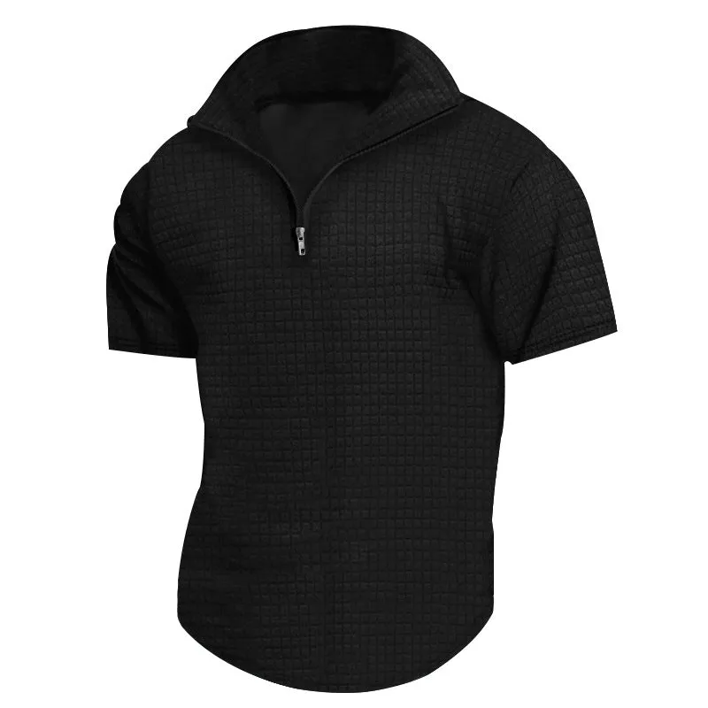 Men's Checkered Half Zipper Short Sleeve Polo Shirt