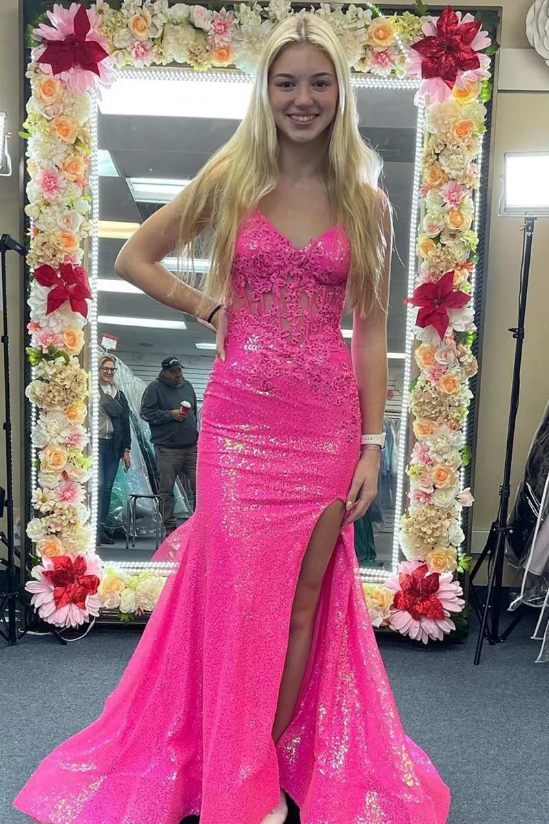 Mermaid V Neck Sequins Prom Dresses with Slit