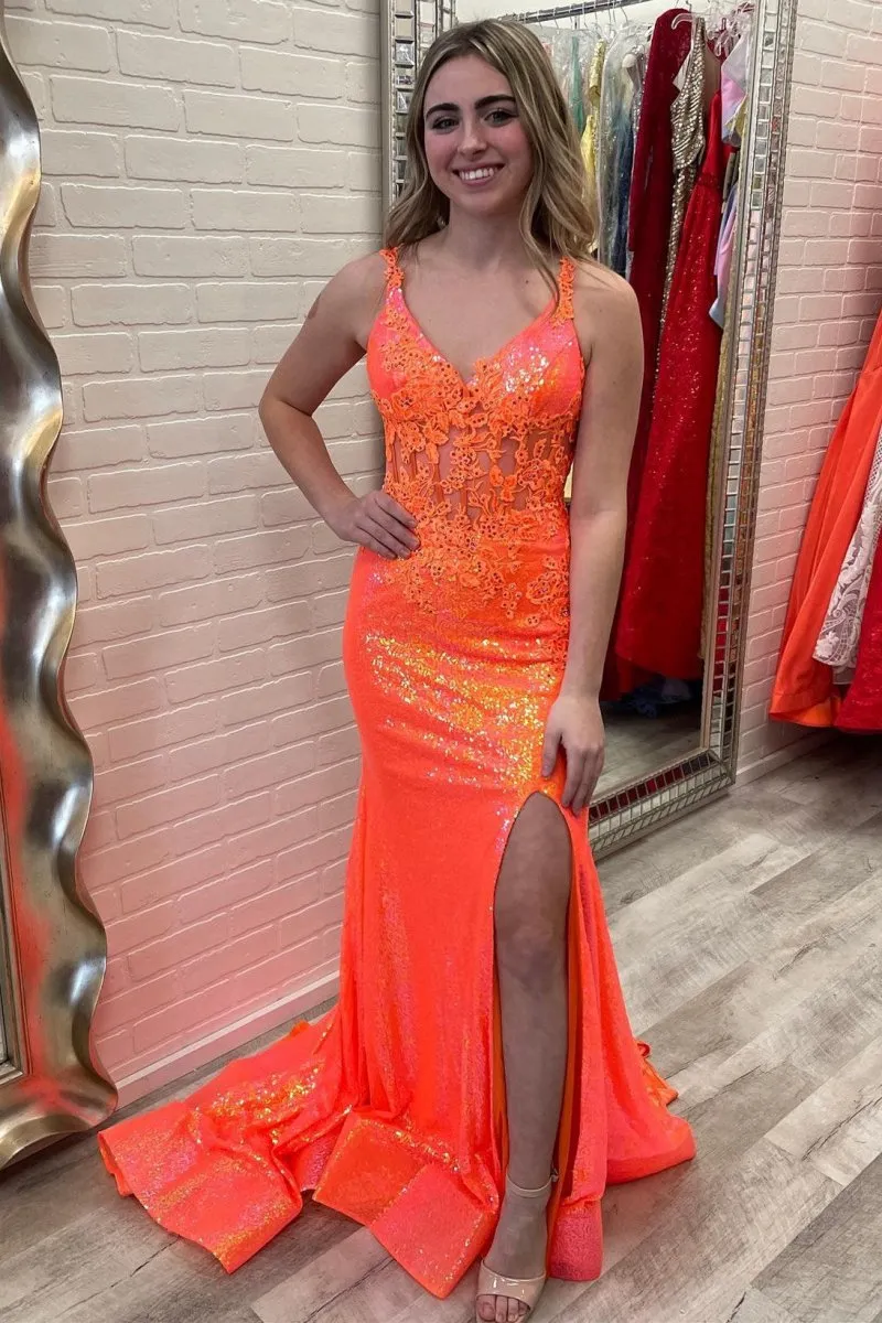 Mermaid V Neck Sequins Prom Dresses with Slit