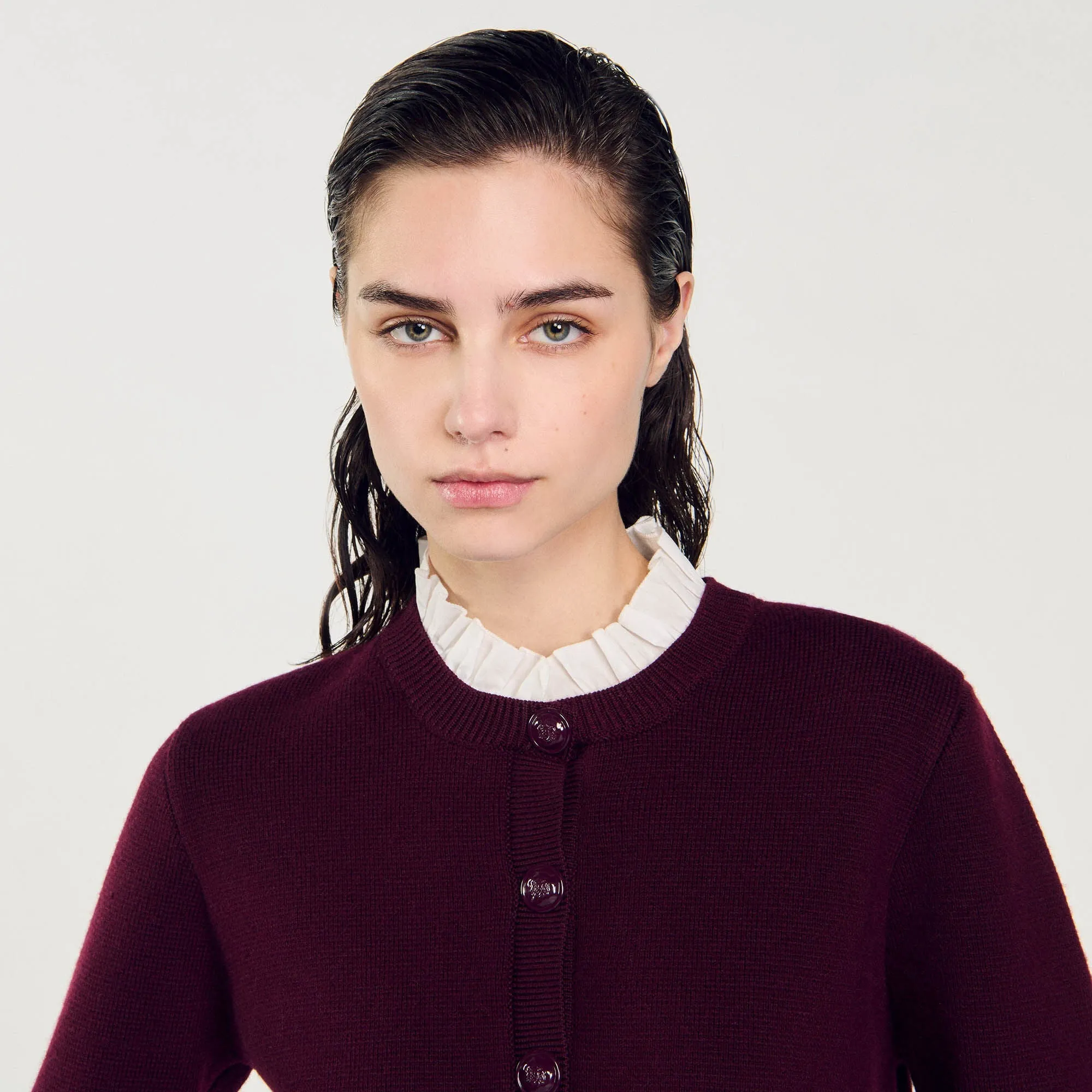 Mini Meunier Knit Cardigan With Ruffled Collar Bordeaux