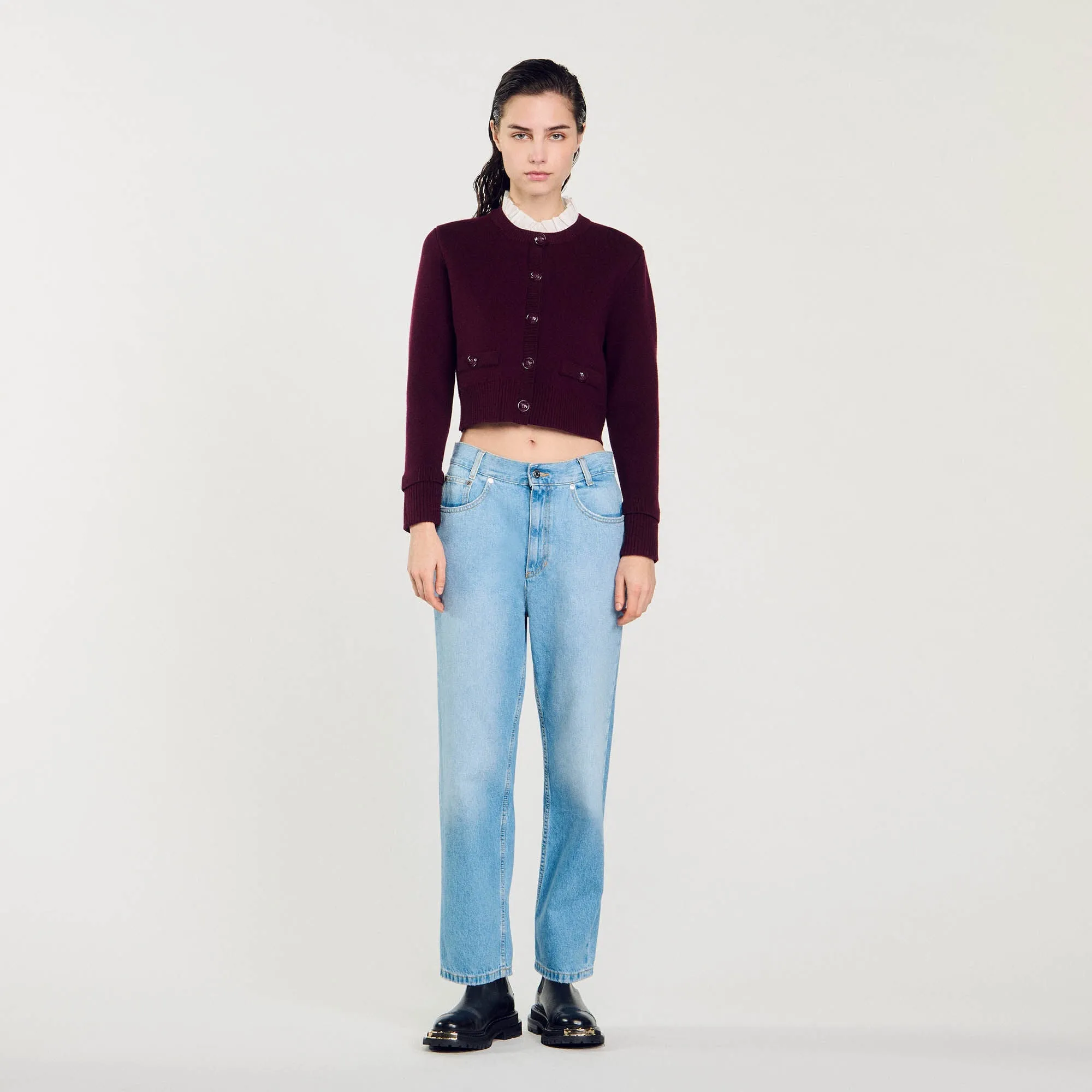 Mini Meunier Knit Cardigan With Ruffled Collar Bordeaux
