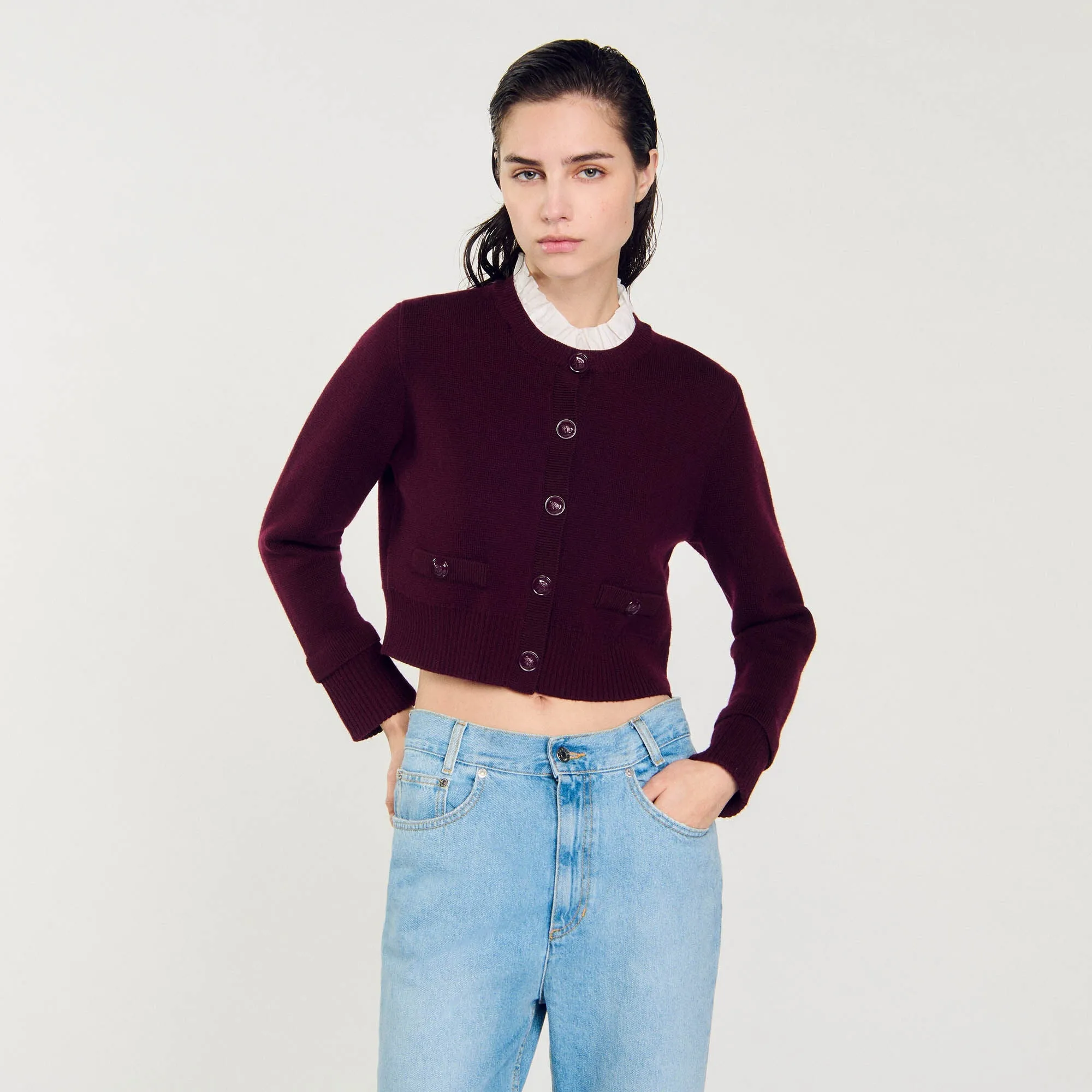 Mini Meunier Knit Cardigan With Ruffled Collar Bordeaux