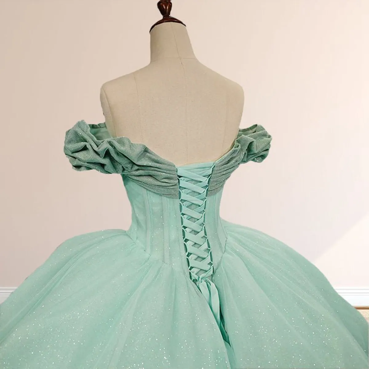 Mint Off the Shoulder Tulle Ball Gown Quinceanera Dresses