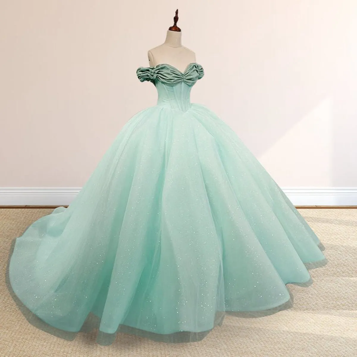 Mint Off the Shoulder Tulle Ball Gown Quinceanera Dresses