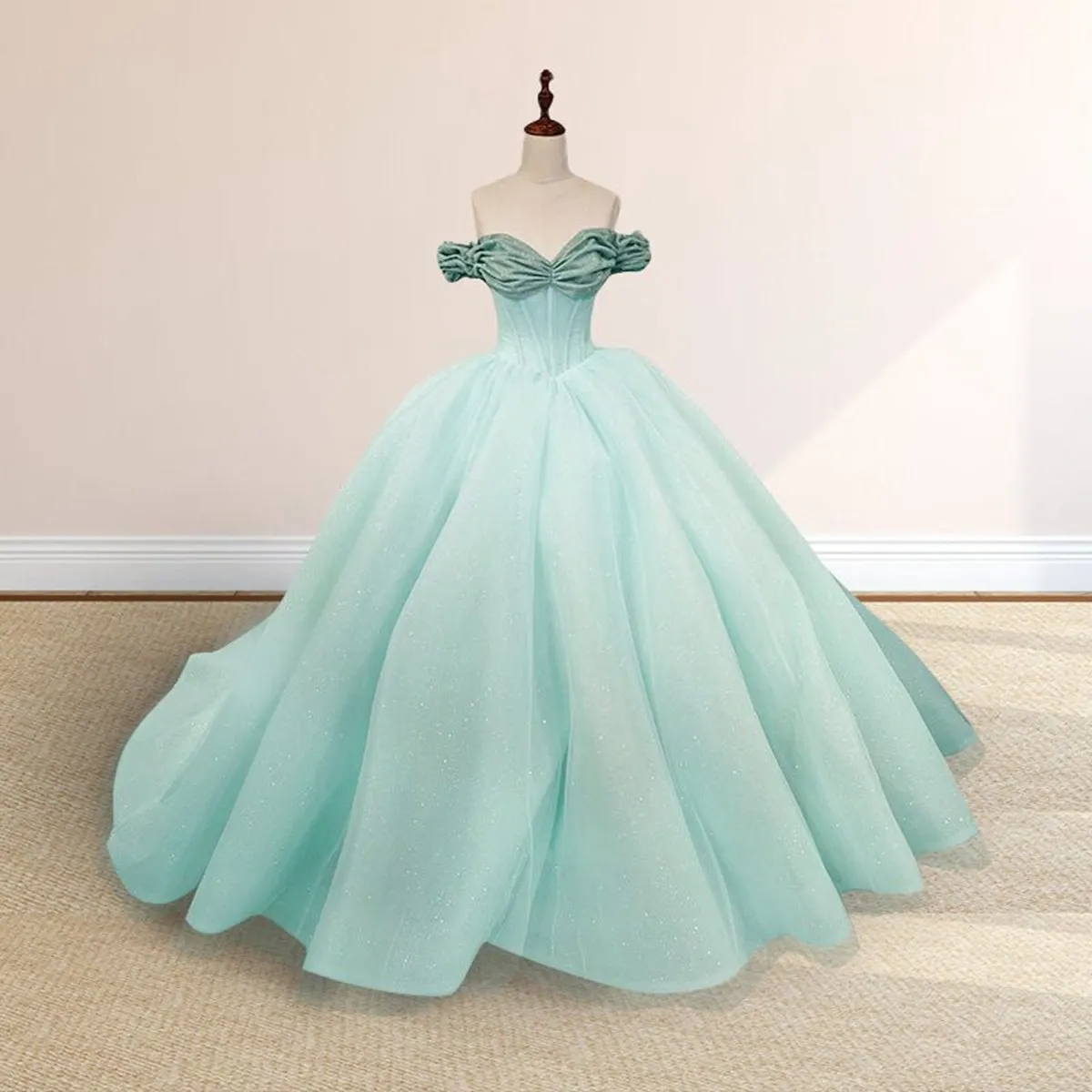 Mint Off the Shoulder Tulle Ball Gown Quinceanera Dresses
