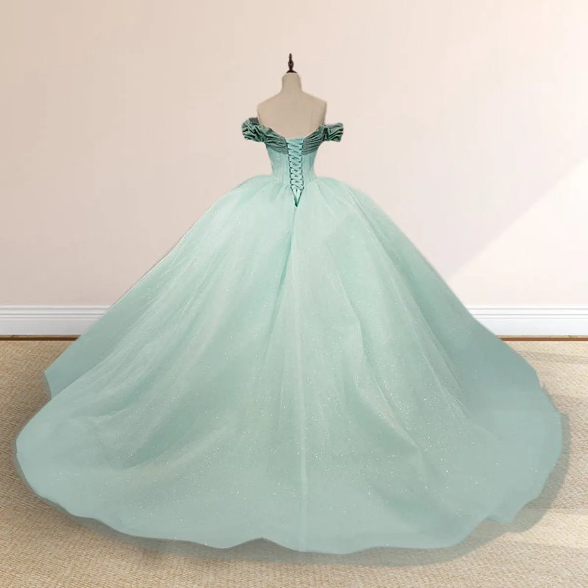 Mint Off the Shoulder Tulle Ball Gown Quinceanera Dresses