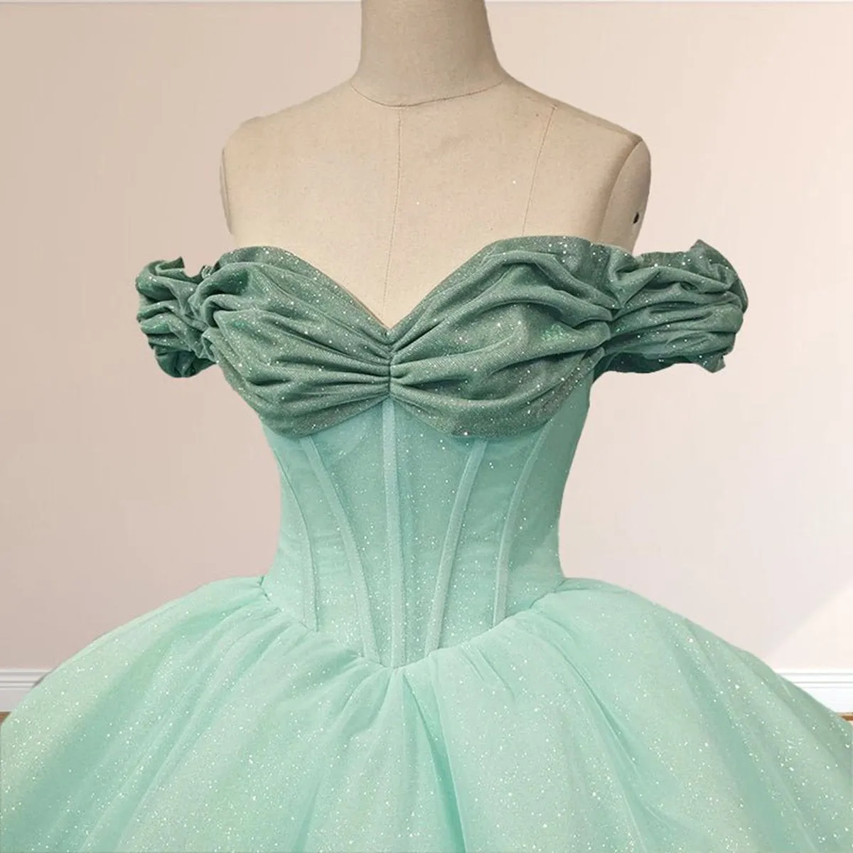 Mint Off the Shoulder Tulle Ball Gown Quinceanera Dresses