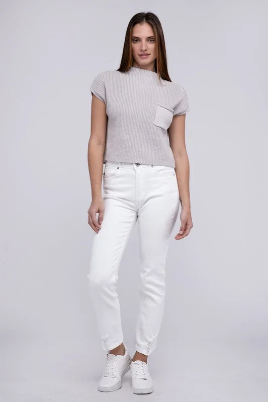 Mock Neck Short Sleeve Cropped Sweater in Mocha or Camel