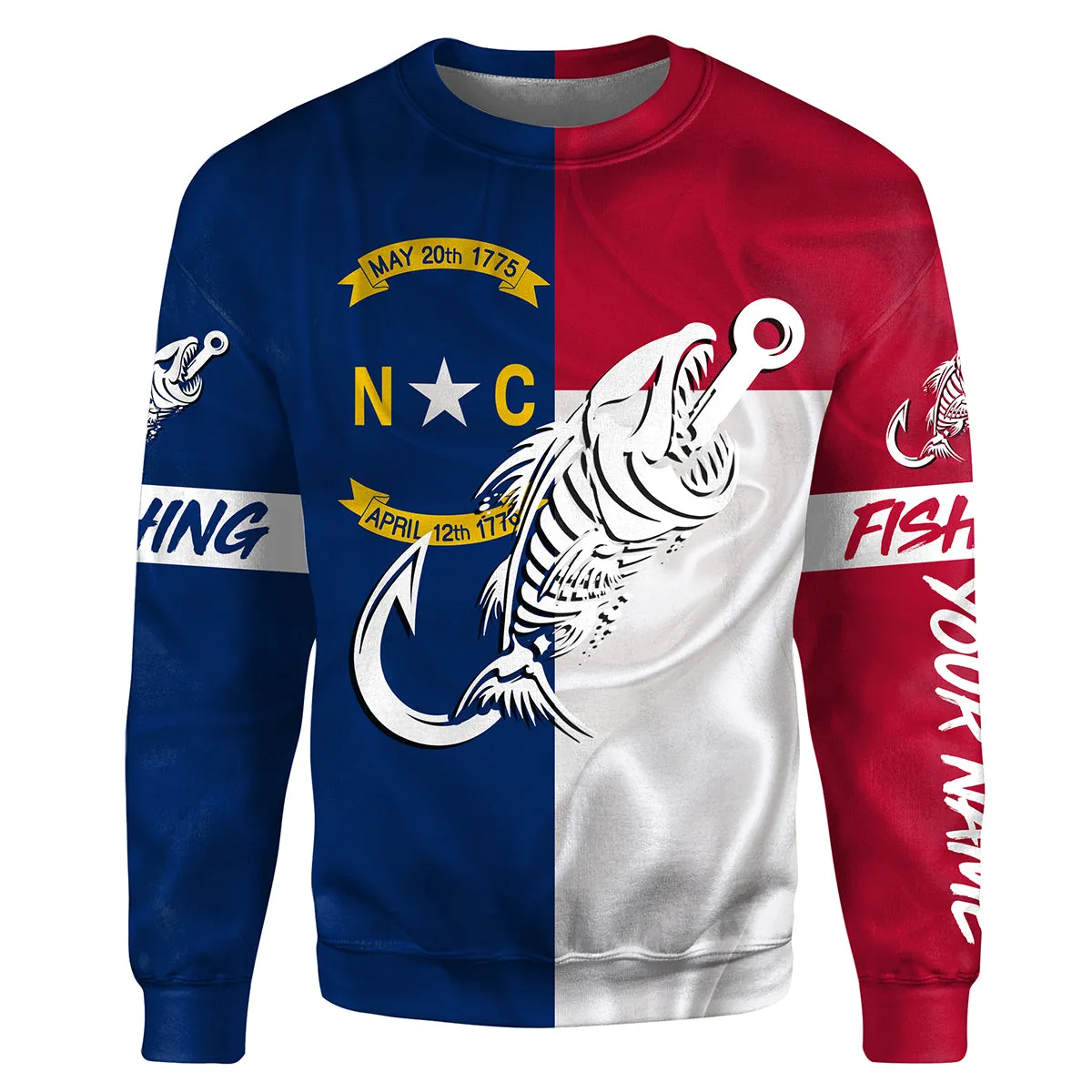 NC Fishing Custom North Carolina Flag Fish hook skull Custom name fishing Sweatshirt NPQ760