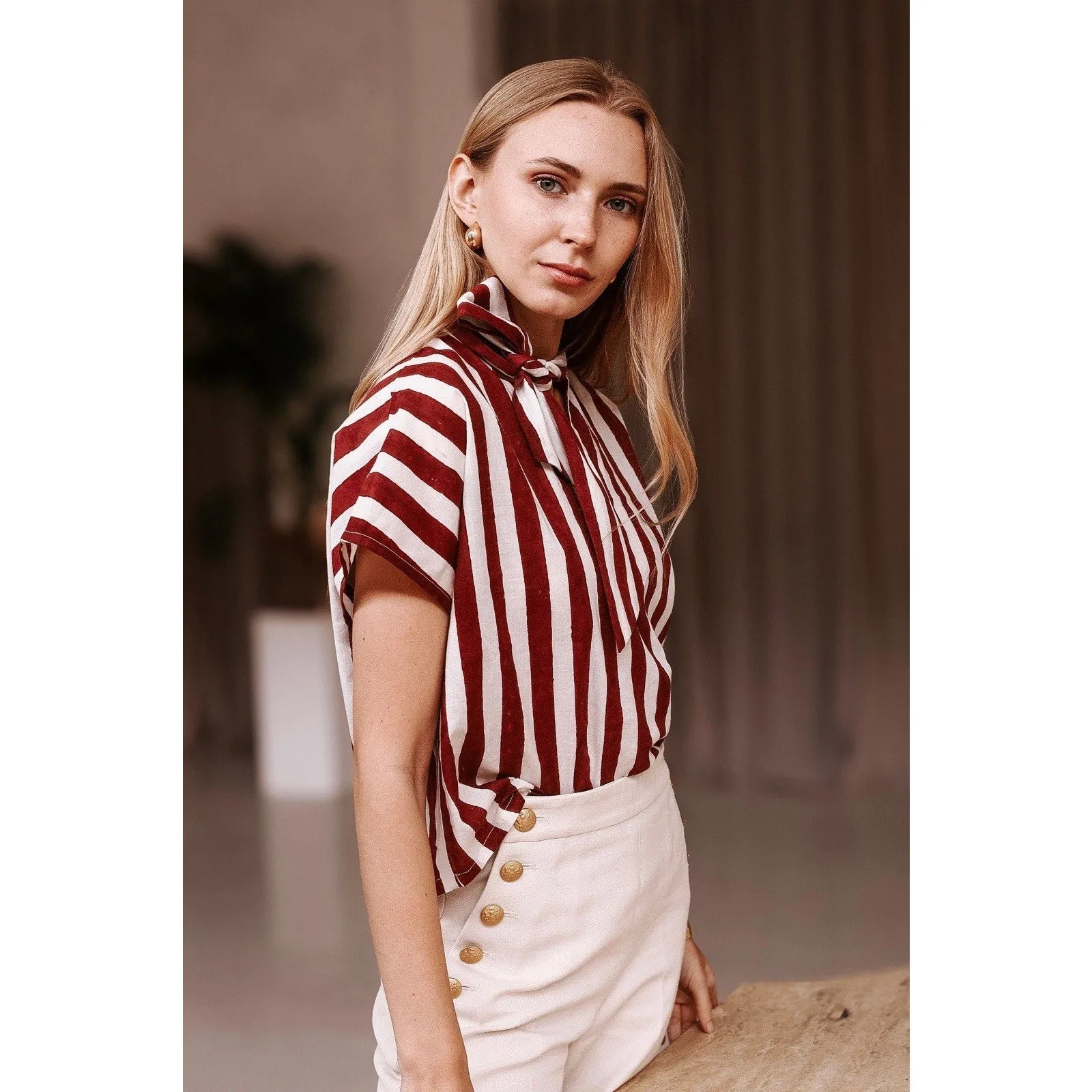 NWT Malabar Collective Women's Red & White Stripe MIA Tie Neck Shirt – XS/Small