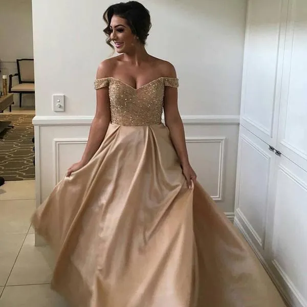 Off Shoulder Beaded Long A-line Satin Wedding Guest Dress, Bridesmaid Dresses, TYP0141