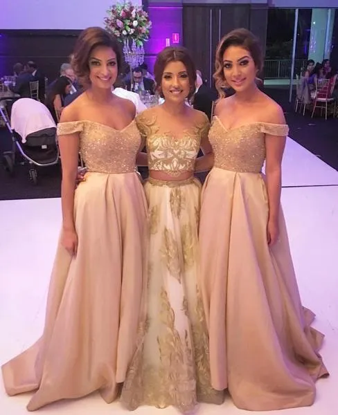 Off Shoulder Beaded Long A-line Satin Wedding Guest Dress, Bridesmaid Dresses, TYP0141