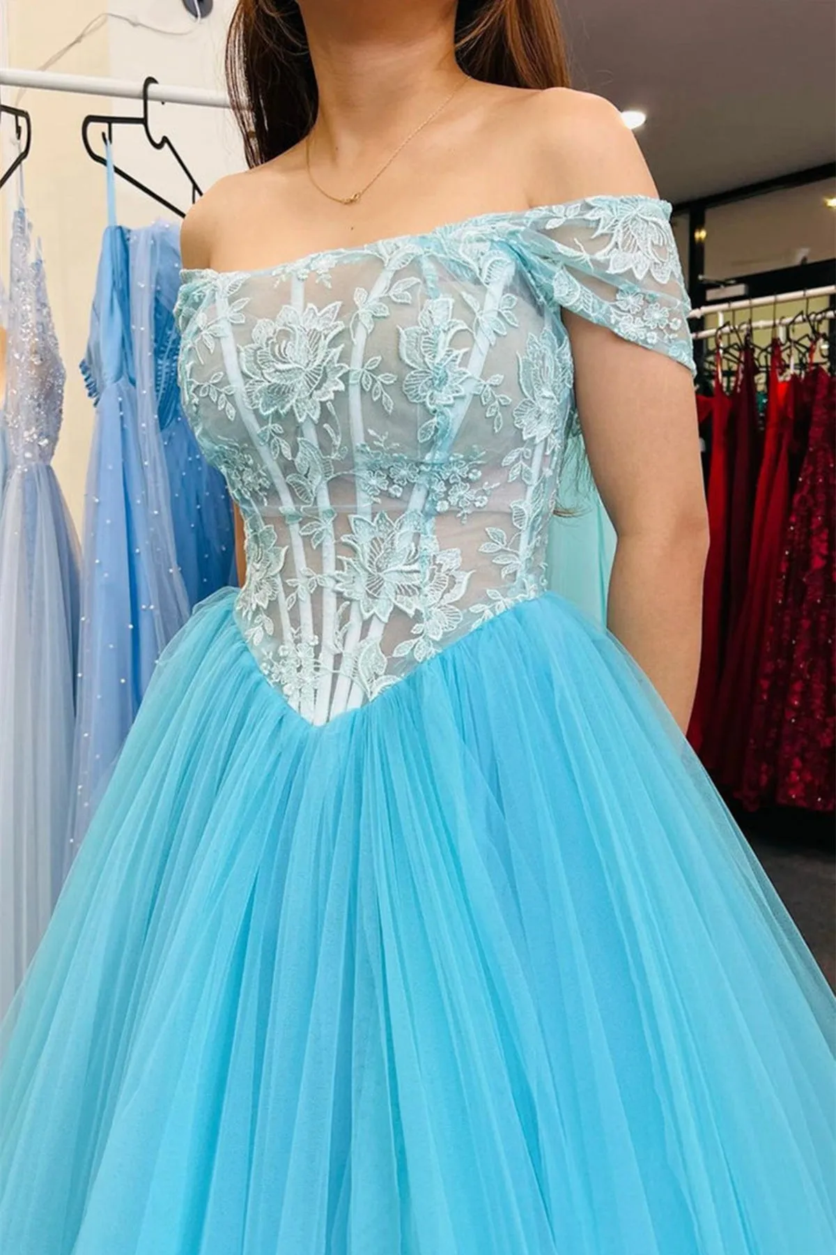 Off Shoulder Blue Lace Tulle Long Prom Dress, Off the Shoulder Blue Formal Dress, Blue Lace Evening Dress A1688