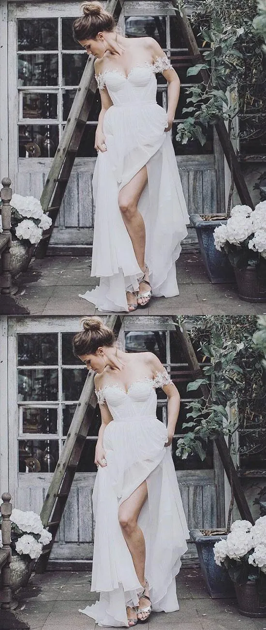 Off the Shoulder Long Chiffon Cheap Fairy Prom Dresses, Bridal wedding dress, PD0923
