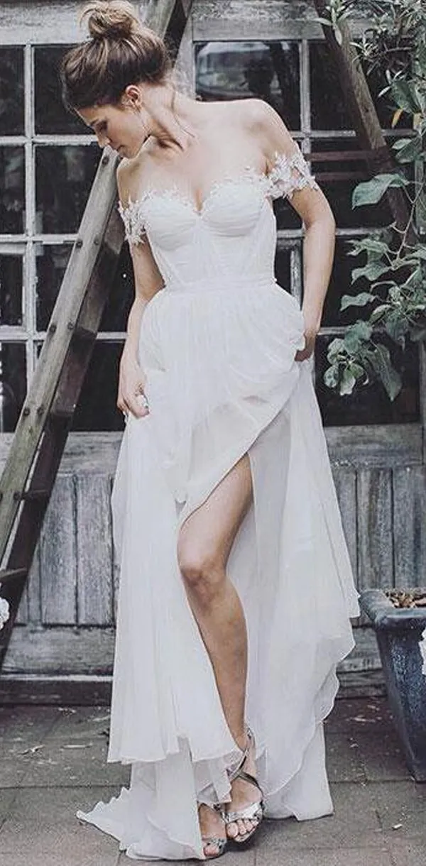 Off the Shoulder Long Chiffon Cheap Fairy Prom Dresses, Bridal wedding dress, PD0923