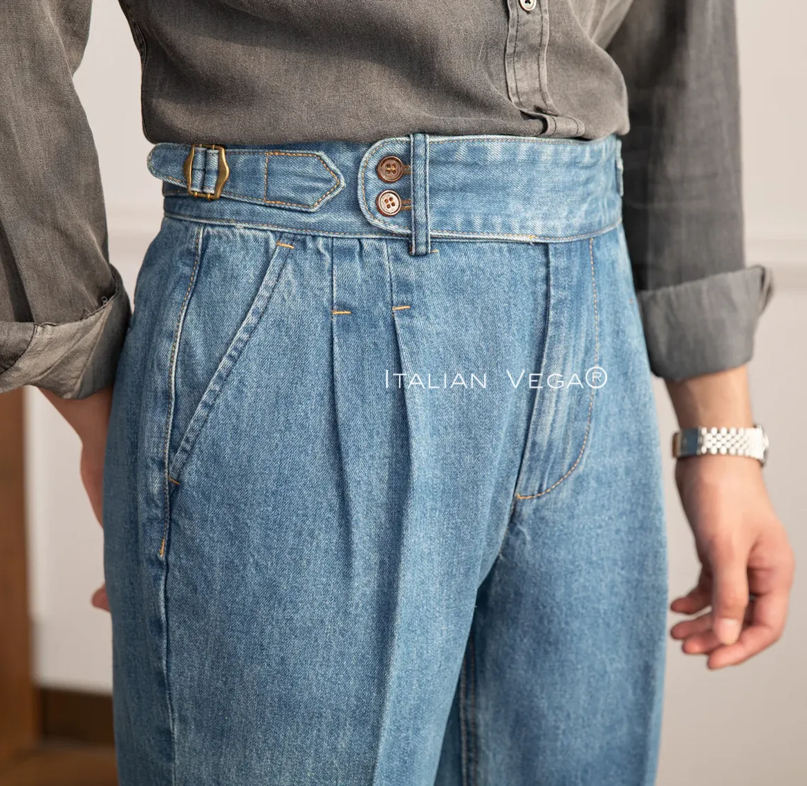 Old Money Crepe Stripe Shirt with Sky Blue Denim Signature Buttoned Gurkha Pant by ITALIAN VEGA®