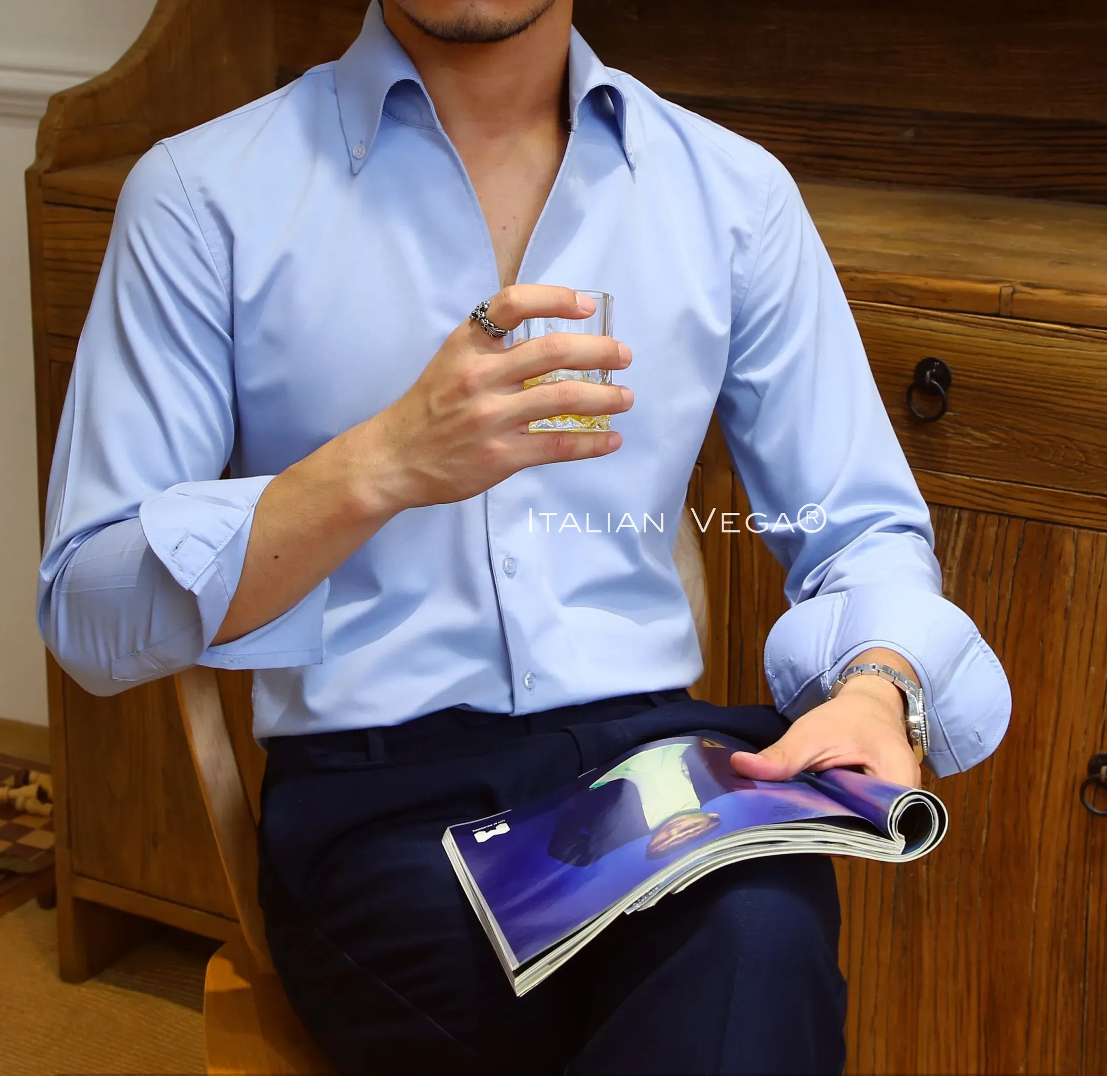 Old Money Powder Blue Shirt with White Signature Buttoned Gurkha Pant by ITALIAN VEGA®