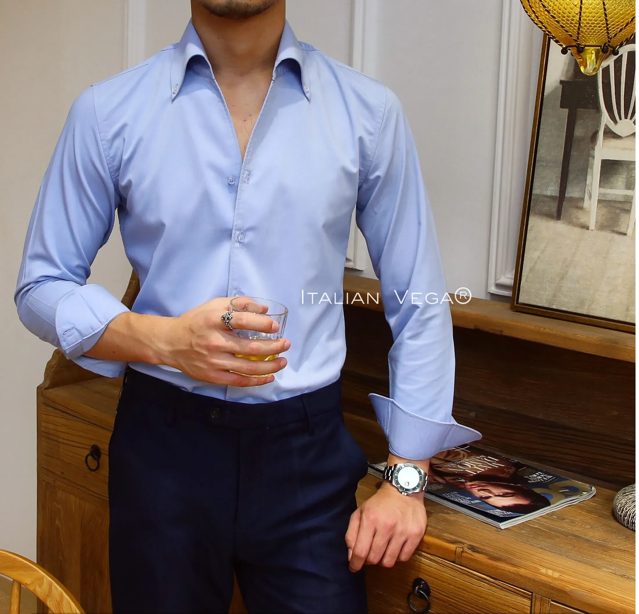 Old Money Powder Blue Shirt with White Signature Buttoned Gurkha Pant by ITALIAN VEGA®