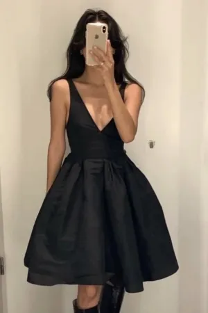 Open Back V Neck Black Satin Prom Dress, V Neck Black Homecoming Dress, Short Black Formal Graduation Evening Dress A1915