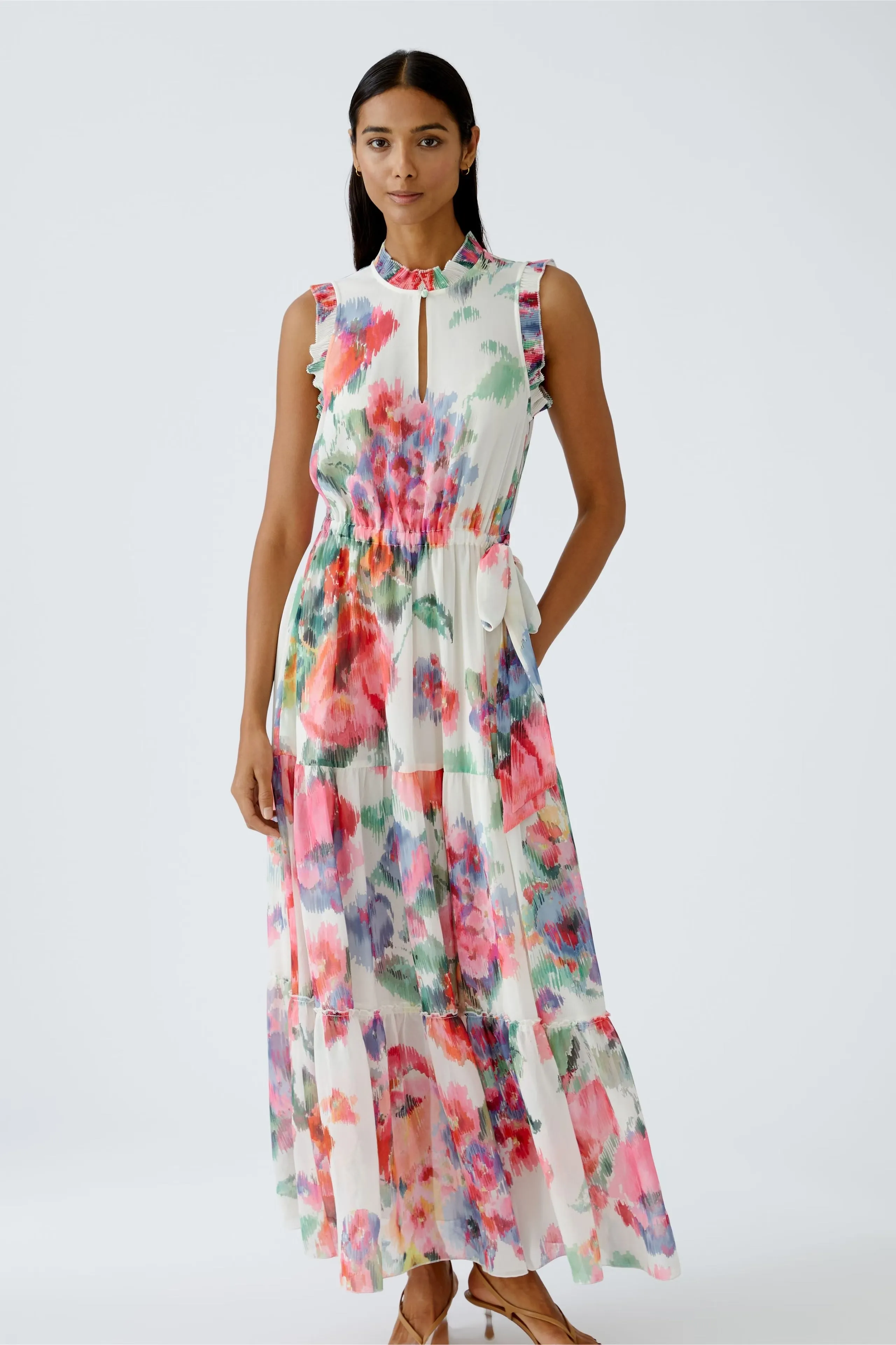 Oui Cream Floral Print Sleeveless Tiered Midi Dress