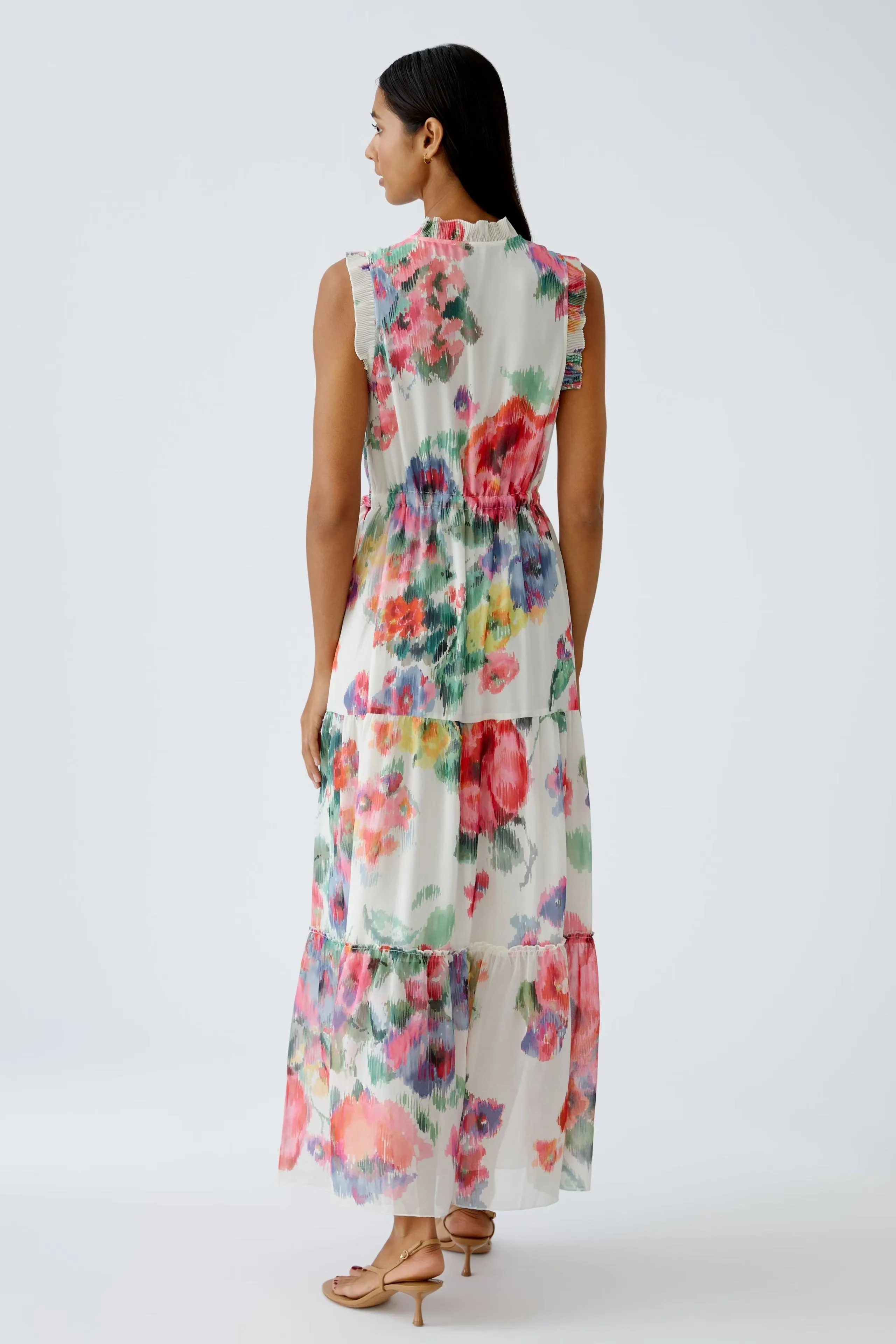 Oui Cream Floral Print Sleeveless Tiered Midi Dress