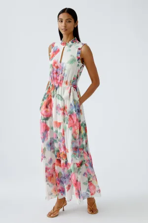 Oui Cream Floral Print Sleeveless Tiered Midi Dress