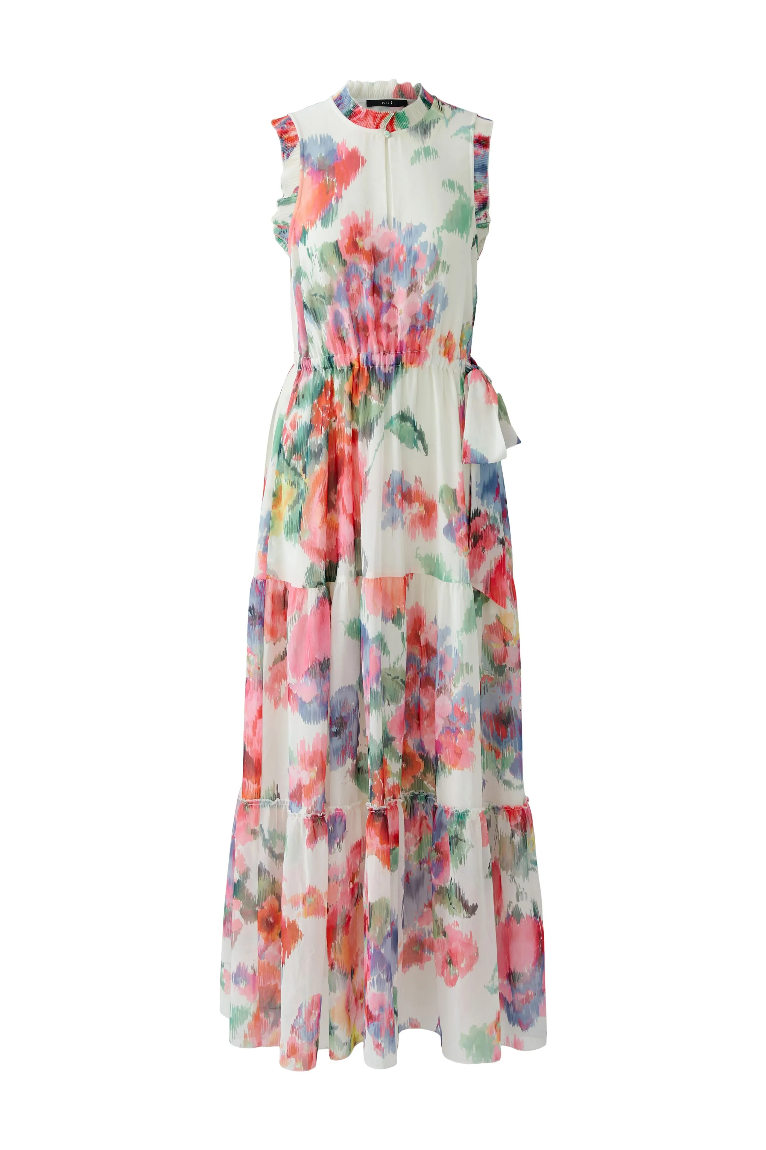 Oui Cream Floral Print Sleeveless Tiered Midi Dress