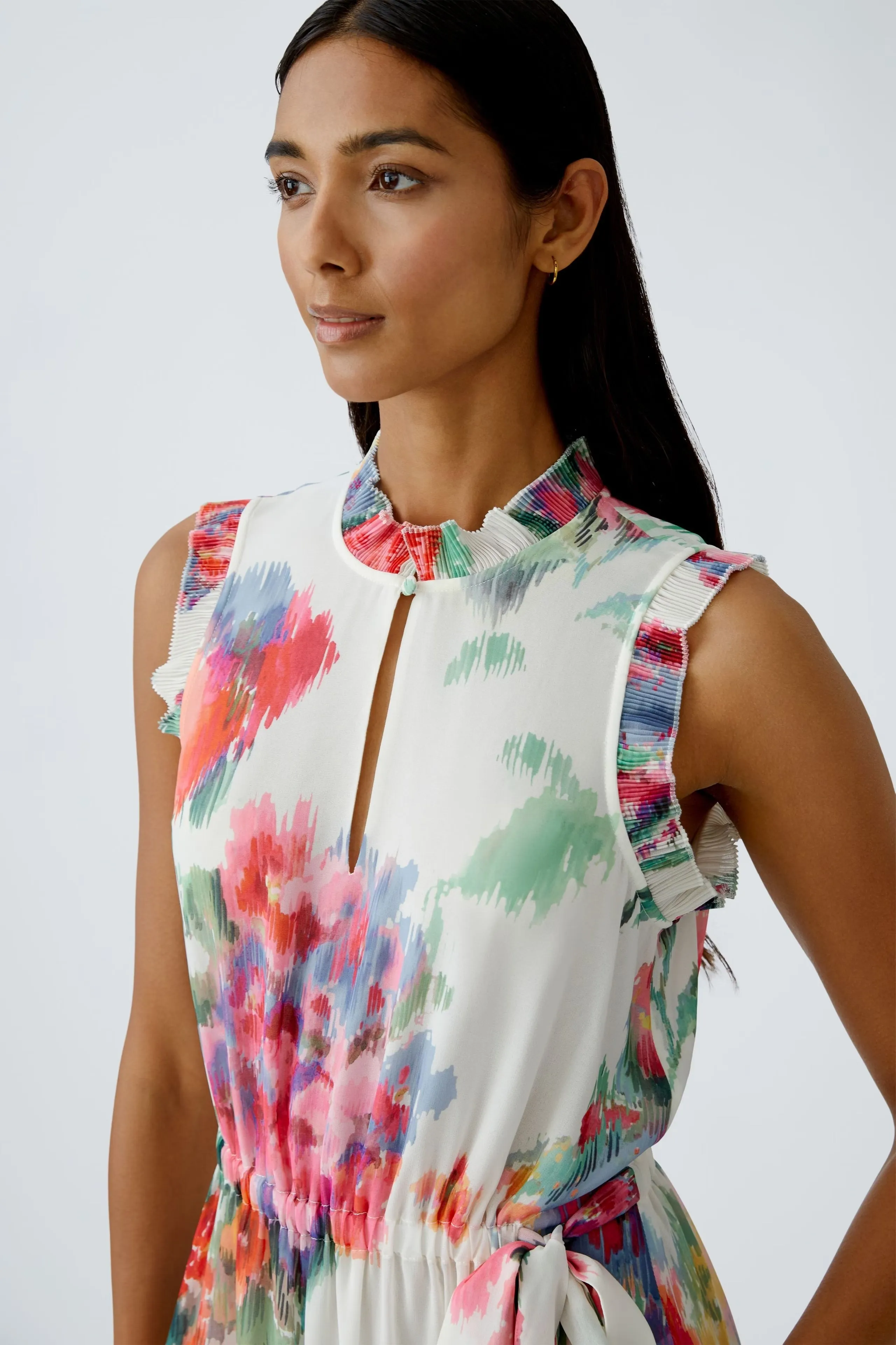 Oui Cream Floral Print Sleeveless Tiered Midi Dress
