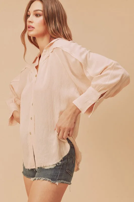 Peach Raw Hem Button Down Raglan Sleeve Shirt | Casual Fashion
