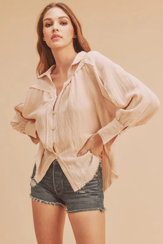Peach Raw Hem Button Down Raglan Sleeve Shirt | Casual Fashion