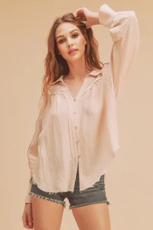 Peach Raw Hem Button Down Raglan Sleeve Shirt | Casual Fashion