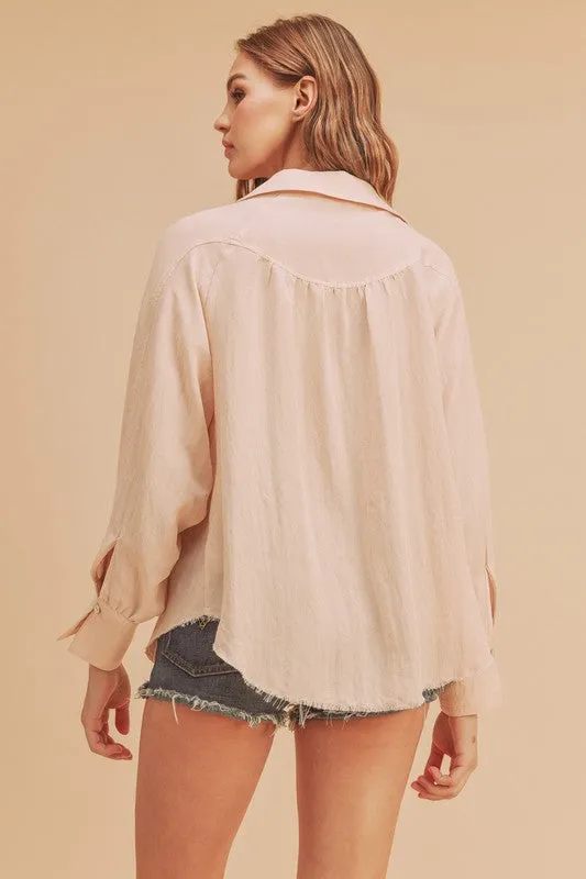 Peach Raw Hem Button Down Raglan Sleeve Shirt | Casual Fashion