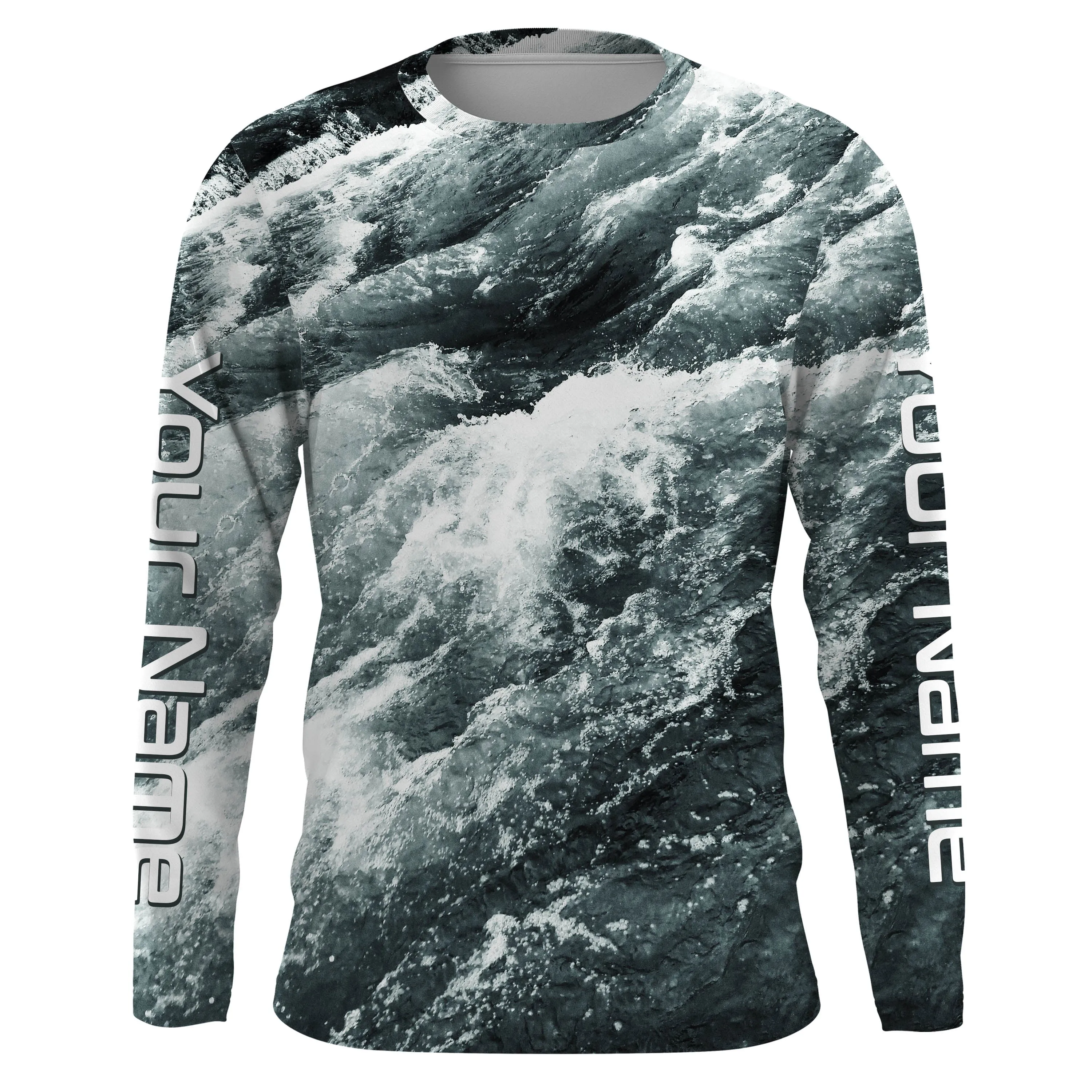 Personalized Saltwater Long Sleeve performnace Fishing Shirts, sea wave camo fishing jerseys IPHW1857