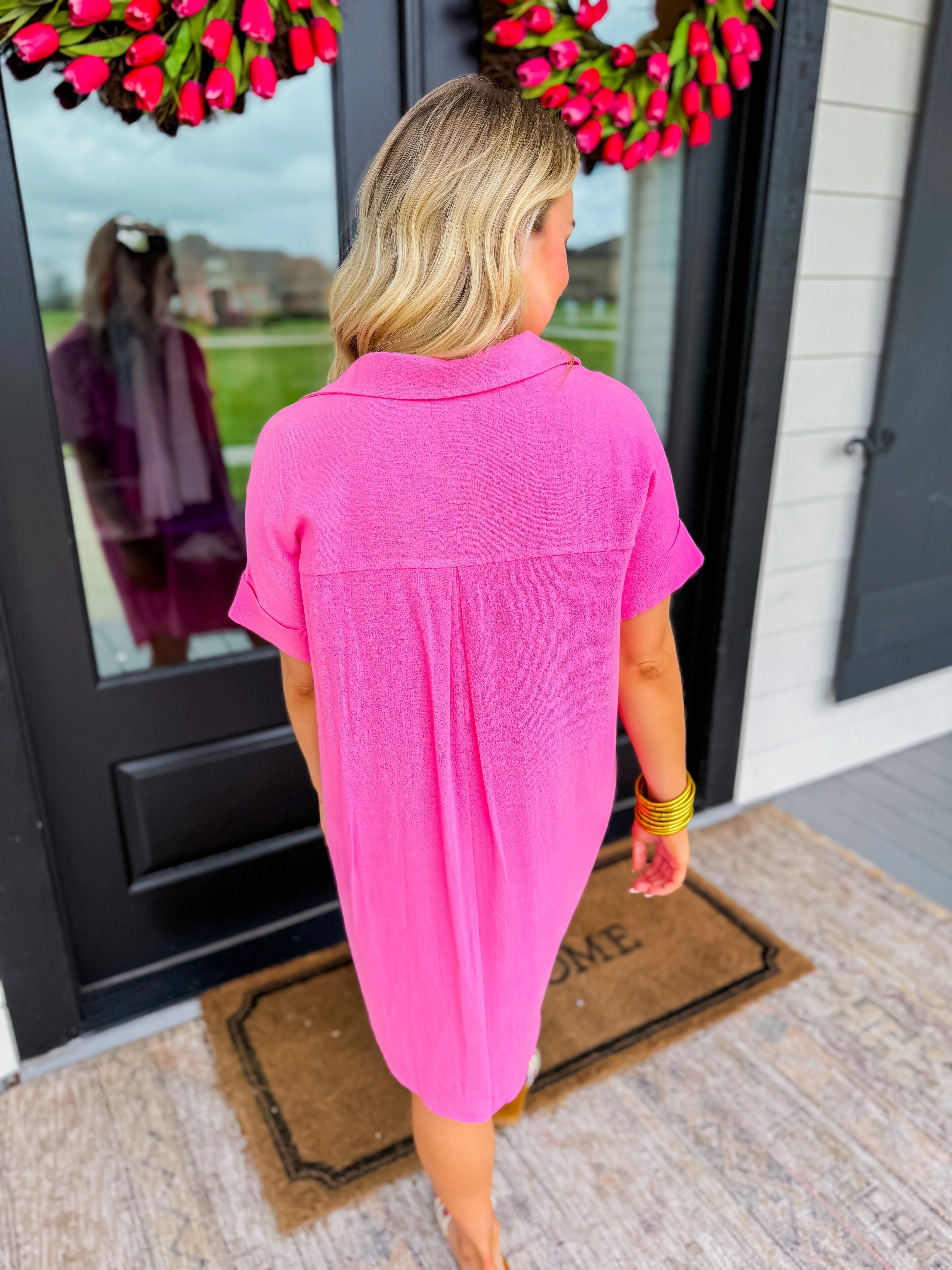 Pink Collared V-Neck Mini Shirt Dress