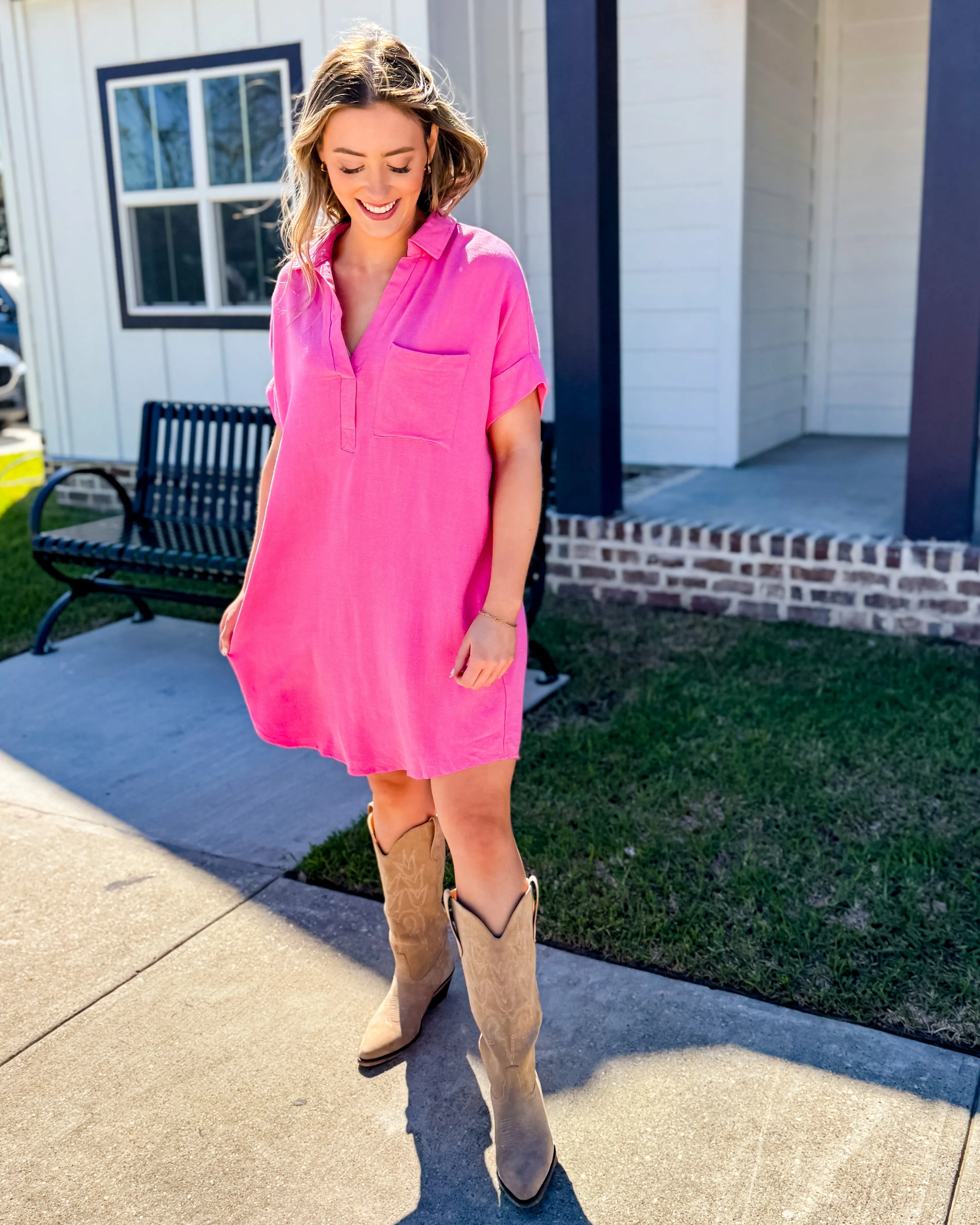 Pink Collared V-Neck Mini Shirt Dress