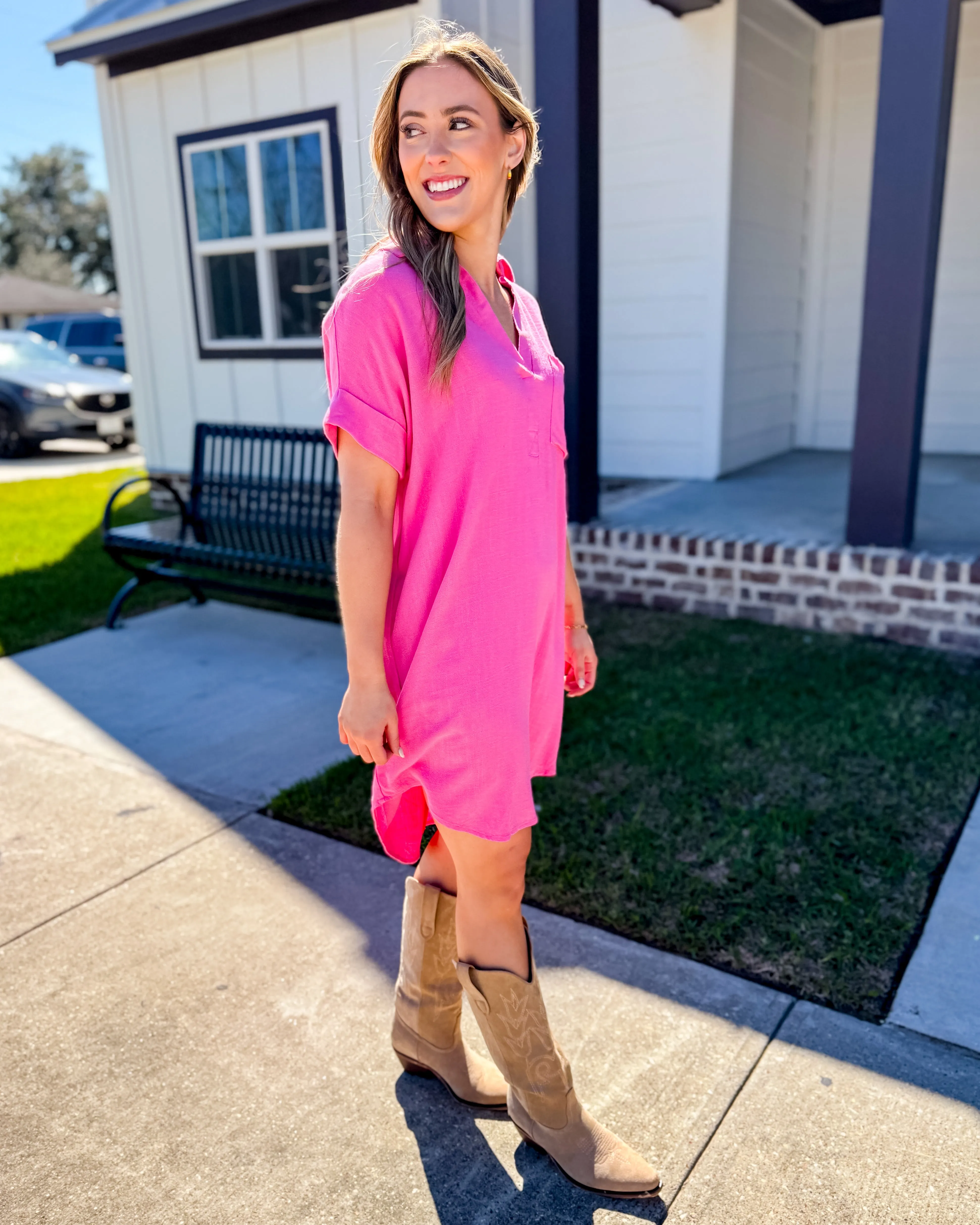 Pink Collared V-Neck Mini Shirt Dress