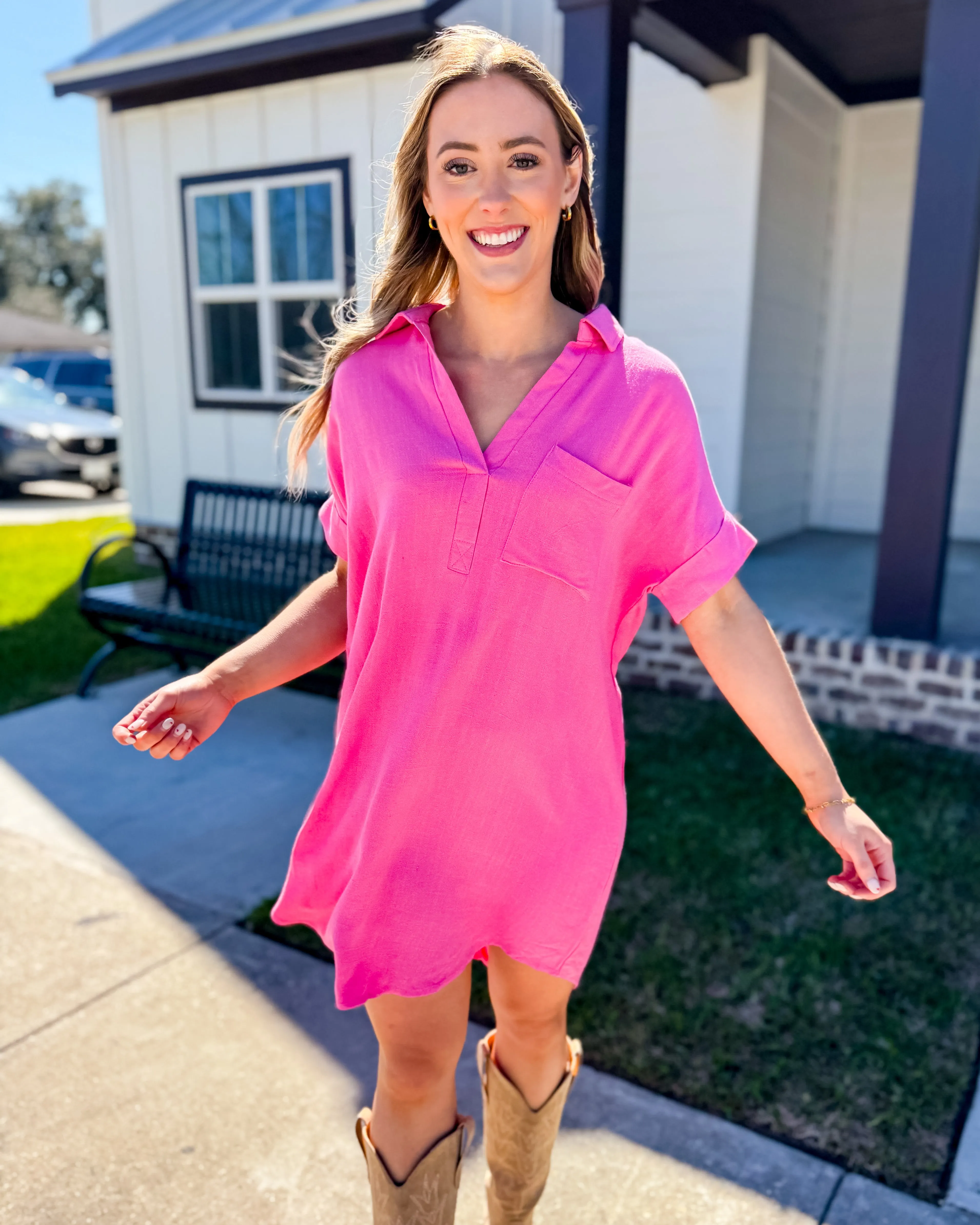 Pink Collared V-Neck Mini Shirt Dress