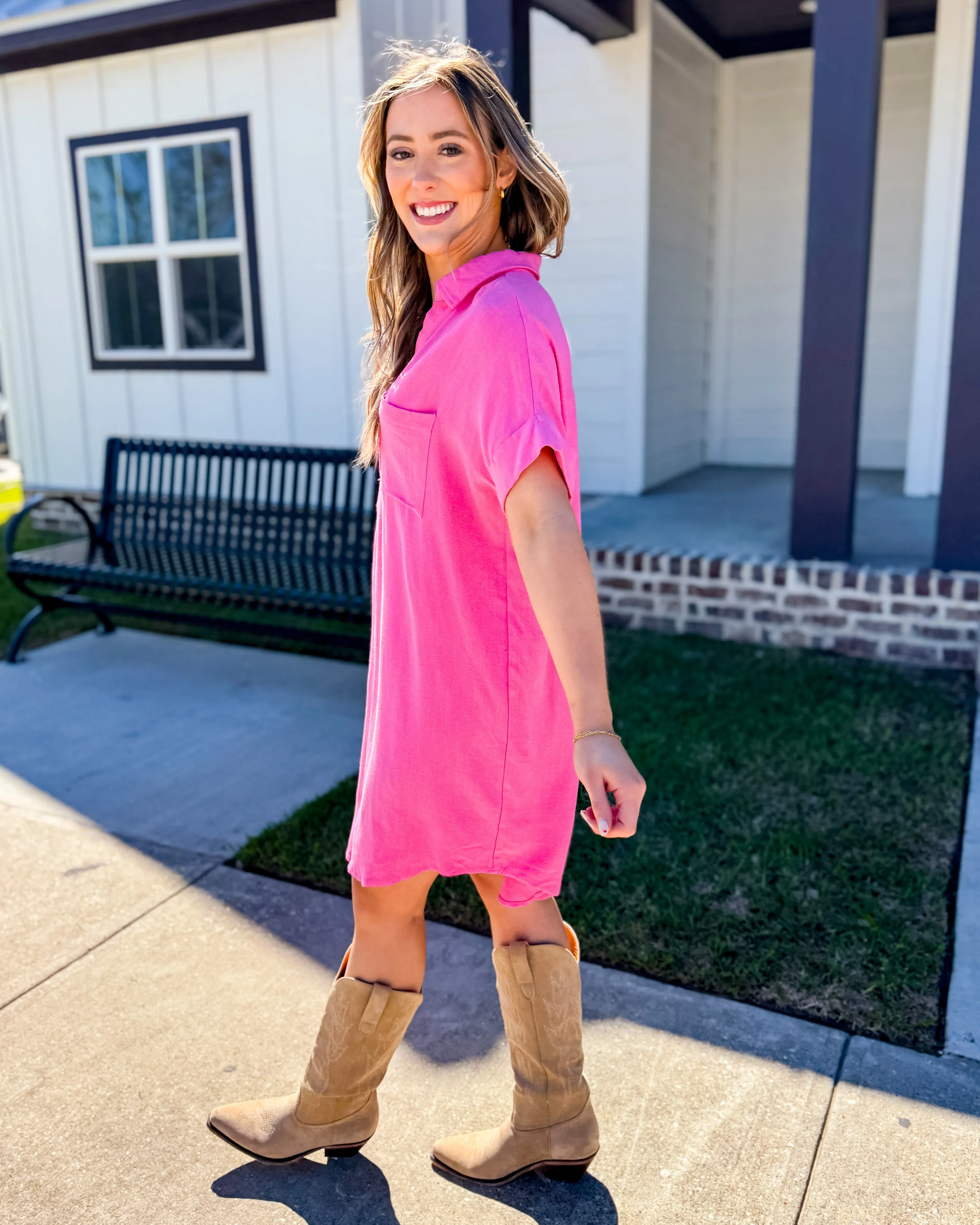 Pink Collared V-Neck Mini Shirt Dress