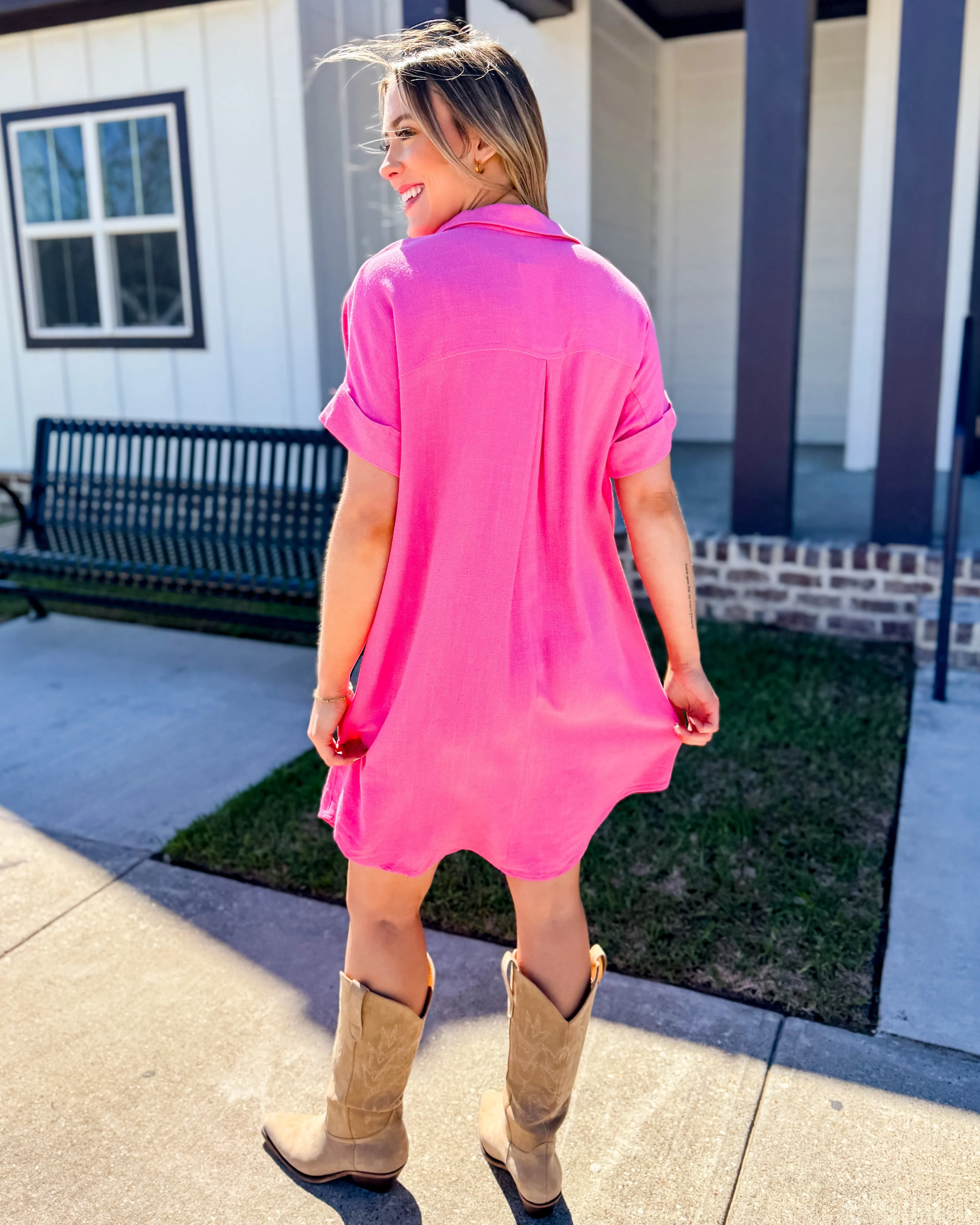 Pink Collared V-Neck Mini Shirt Dress