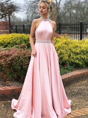 Pink Halter Neck Backless Beading Satin Long Prom Dresses, Backless Pink Formal Graduation Evening Dresses