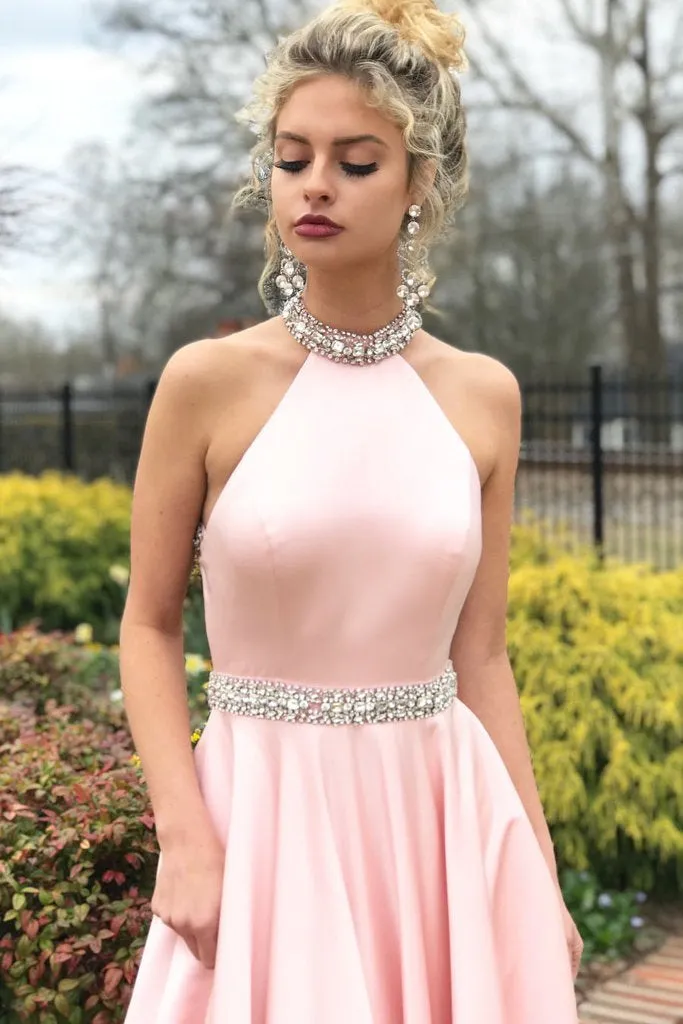 Pink Halter Neck Backless Beading Satin Long Prom Dresses, Backless Pink Formal Graduation Evening Dresses