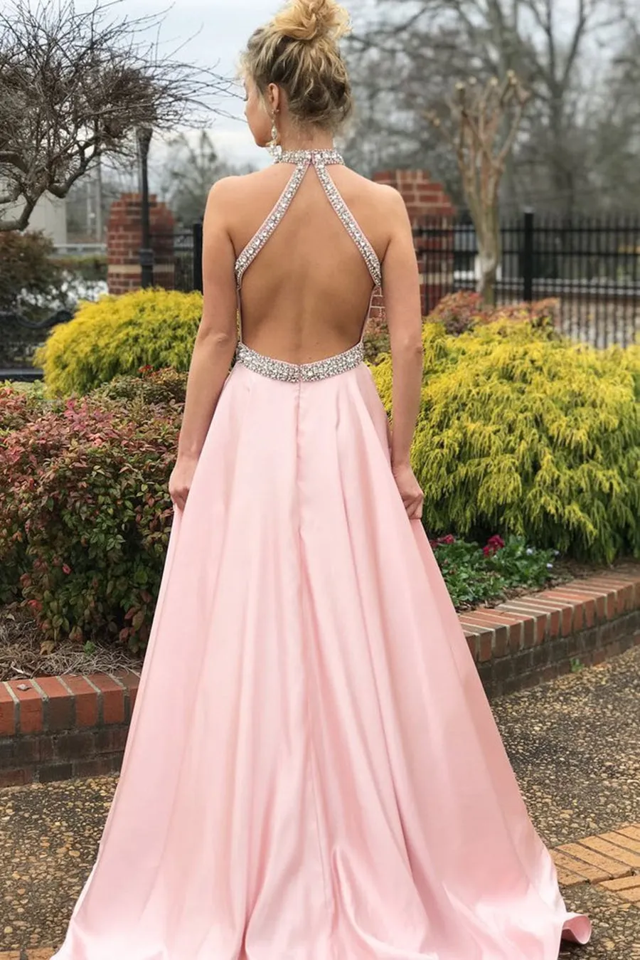 Pink Halter Neck Backless Beading Satin Long Prom Dresses, Backless Pink Formal Graduation Evening Dresses