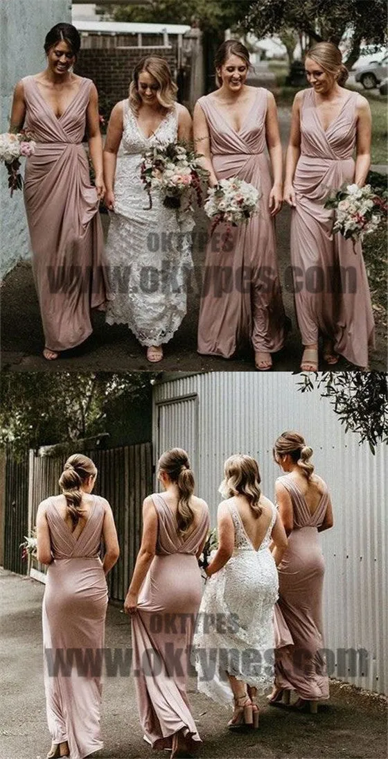 Pink Long V-neck And V-back Bridesmaid Dresses, Sexy Bridesmaid Dresses, TYP0593